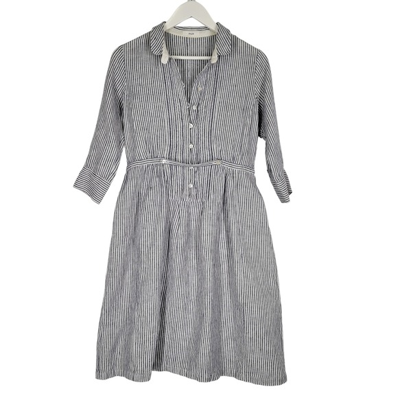 NIMES Dresses & Skirts - NIMES 100% Linen Shirt Dress Sz Medium Blue White Stripe Nautical Cottage